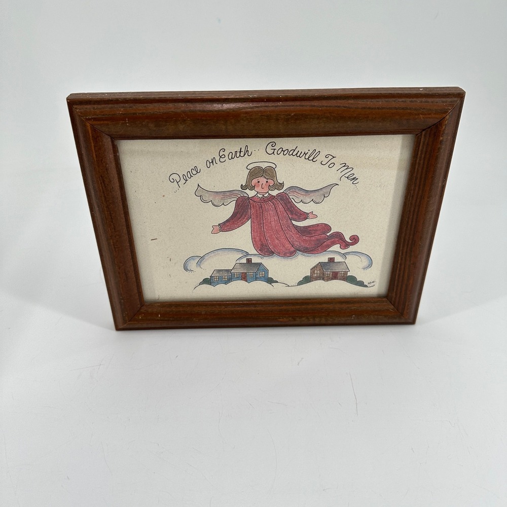 Vintage Mimi Folk Art Framed Angel Print Peace on Earth Goodwill to Men Wood